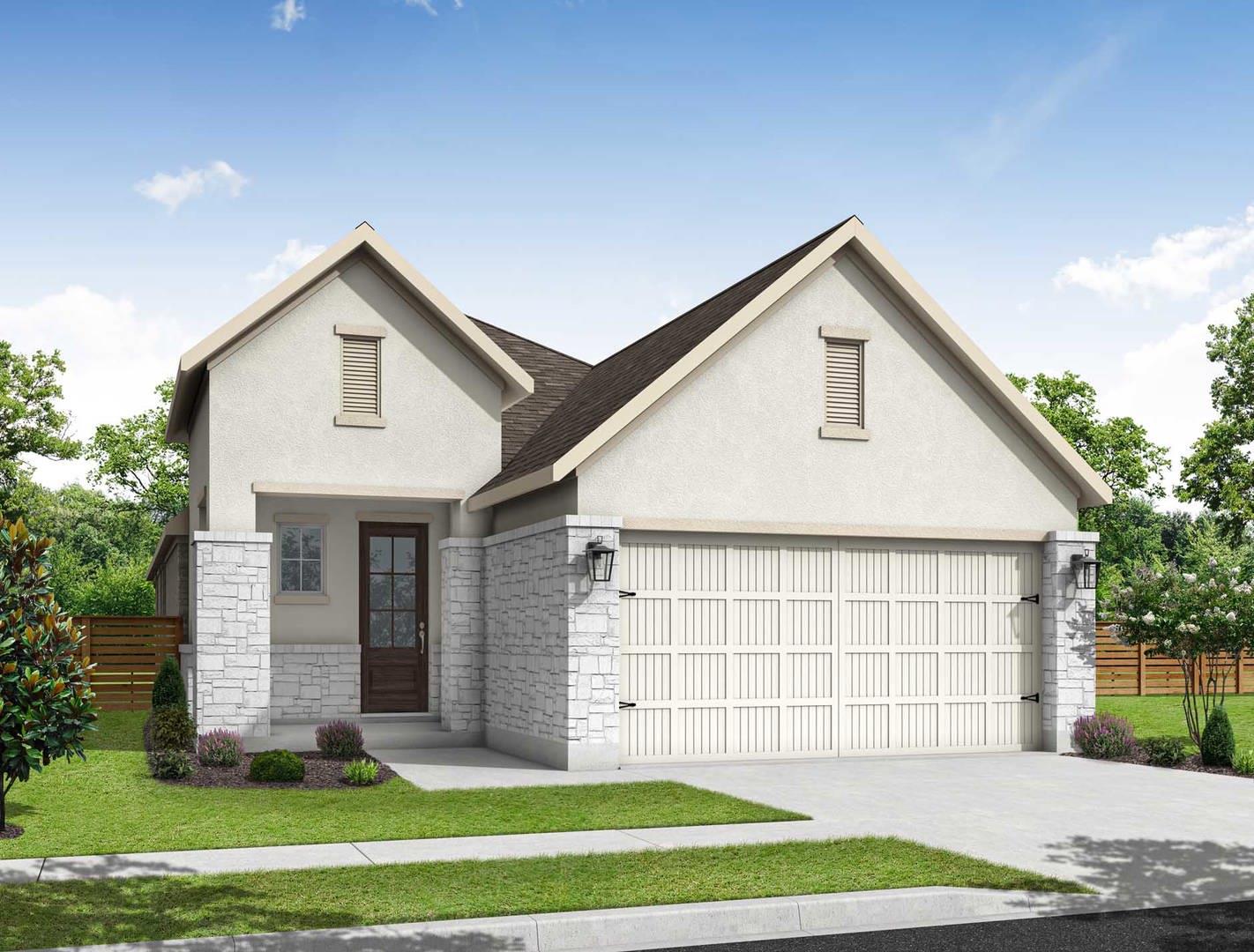 An inviting facade showcases crisp white stucco a